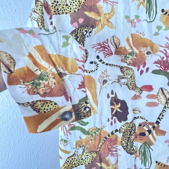 Nach Bijoux Earth Hand Painted Midi Dress Button Front Linen Blend Women's  Sz S - Picture 7 of 14